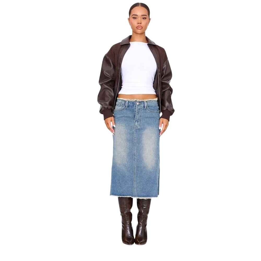 PrettyLittleThing Vintage Wash Side Split Raw Hem Denim Midi Skirt Blue Size 12